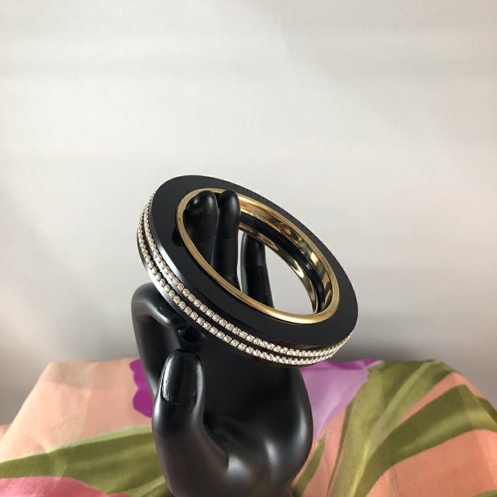 Vintage Bracelet Black lucite gold inner trim, double band of Swarovski Crystals